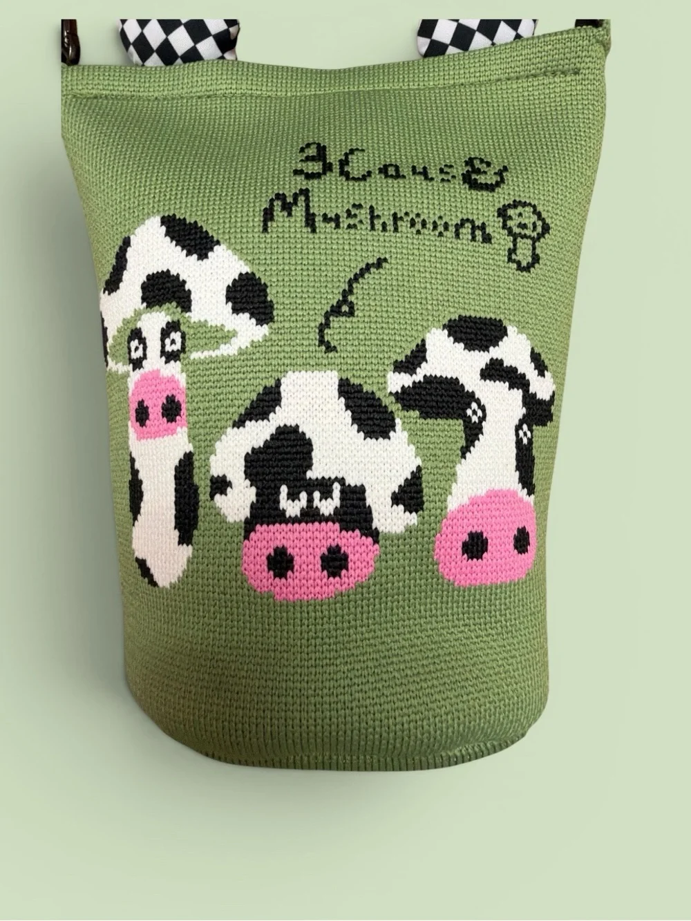 Green Cow and Mushroom Cartoon Crossbody Bucket Bag NWOT